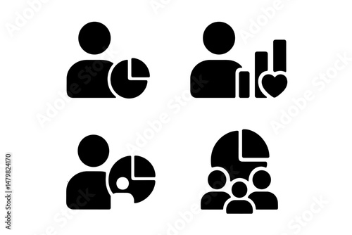 Set of web icons depicting data analysis, user engagement, and audience interaction in a minimalist design