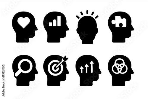 Collection of web icons representing various concepts in a minimalist style showcasing human heads with distinctive symbols