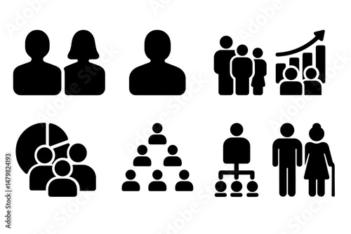 Collection of web icons depicting various aspects of social interaction, teamwork, and data representation for digital applications