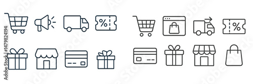 Collection of web icons representing shopping, delivery, and payment services for online retail platforms