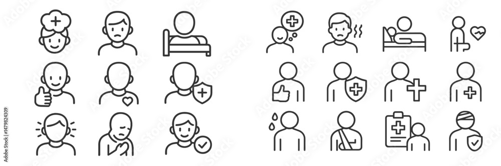 Set of web icons representing health care, medical services, and patient care related activities in a clean and modern design Set of web icons representing health care, medical services, and patient care related activities in a clean and modern design