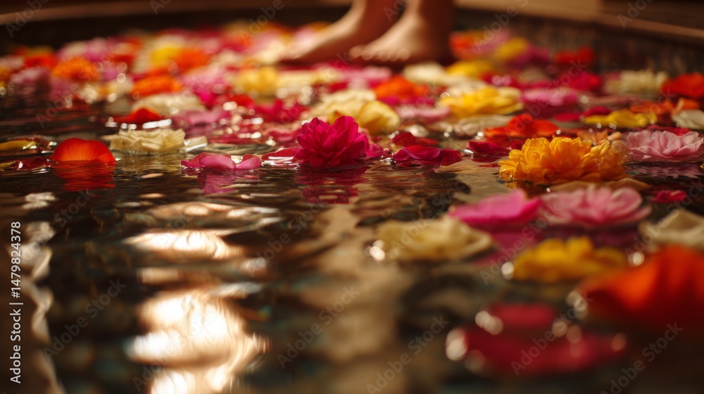 Fototapeta premium Rose petals float in a soothing foot spa, soft reflections on water surface. A moment of calm and relaxation.