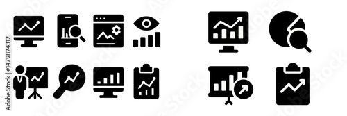 Collection of web icons representing data analysis, charts, and visual representation of statistics