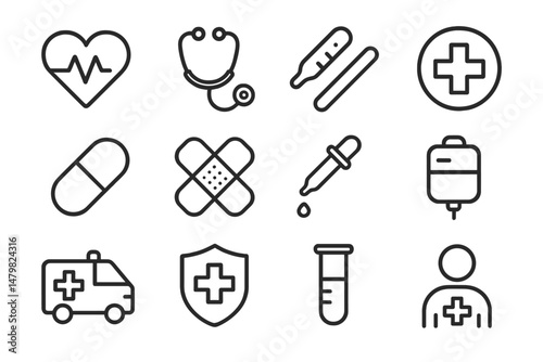Collection of health-related web icons including medical symbols and equipment for digital use