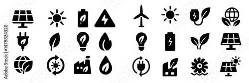 Collection of web icons depicting renewable energy symbols, eco-friendly technology, and sustainability concepts