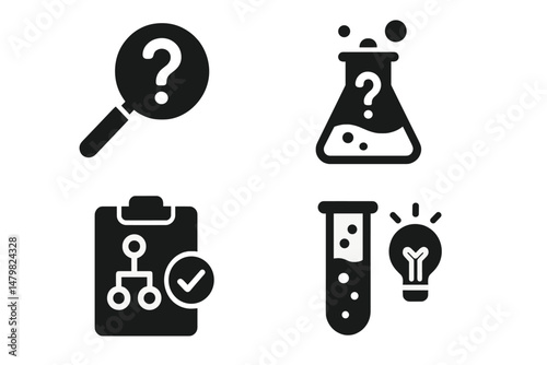Collection of web icons representing research, analysis, experimentation, and discovery in technology and science