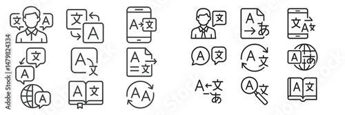 Collection of web icons representing multilingual translation and communication tools for various platforms and devices