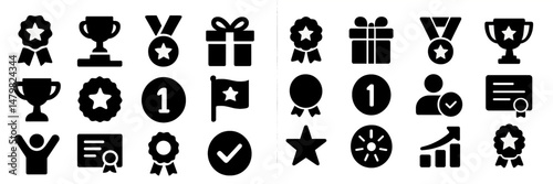 Collection of black web icons featuring awards, trophies, and achievement symbols for digital design