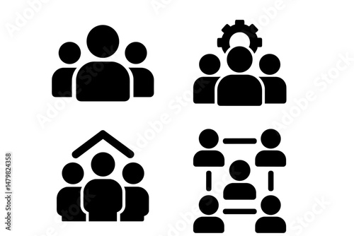 Collection of web icons representing social connections, community, teamwork, and collaboration in a digital environment