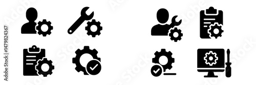 Set of web icons representing various maintenance and support activities for technology and equipment