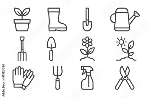 Collection of gardening web icons featuring tools, plants, and accessories for outdoor enthusiasts