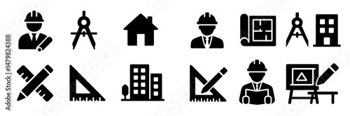 Collection of web icons representing architectural and construction professions and tools for design and planning