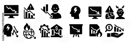 Collection of black and white web icons depicting various negative trends and causes of stress in modern situations