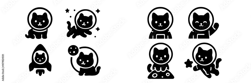 Fototapeta premium Cute and playful web icons featuring cats in astronaut suits exploring space themes and adventures