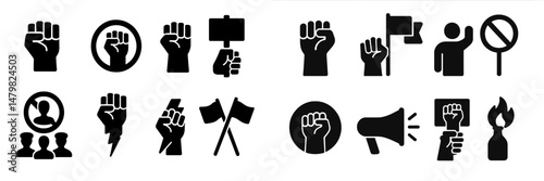 Set of black web icons representing social activism and protest symbols including raised fists and protest signs