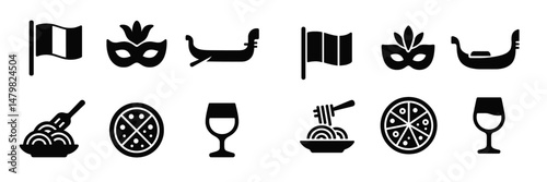 Collection of web icons featuring food, beverages, and festive symbols in black silhouette style
