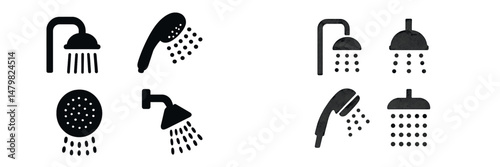 Collection of black silhouette web icons representing various types of shower heads and water flow designs for digital applications