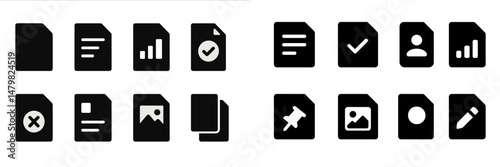 Collection of black web icons representing various document-related functions and activities