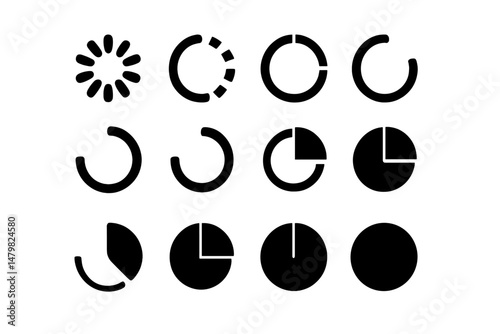 Set of twelve unique web icons showcasing various loading and progress indicators in a minimalist style
