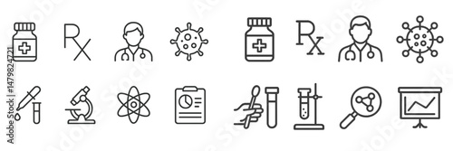 Collection of web icons depicting medical and laboratory themes including healthcare, science, and research elements