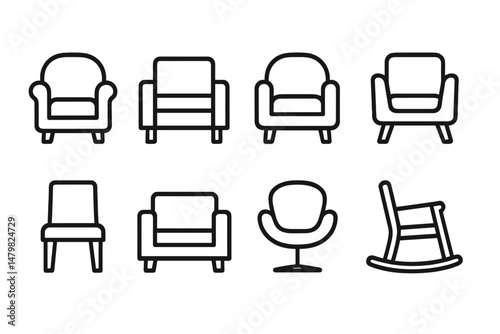 Set of web icons depicting various chair designs suitable for digital projects in minimalistic style