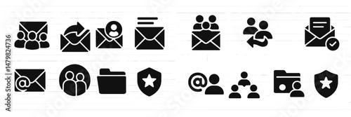 Web icons collection featuring communication, security, and social interaction symbols for digital platforms