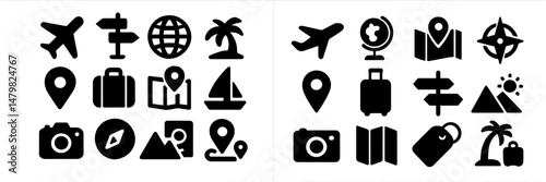Web icons representing travel, navigation, and tourism elements for digital use and application design