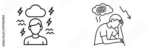 Collection of web icons representing mental health concepts such as stress and anxiety illustrated in a minimalistic style