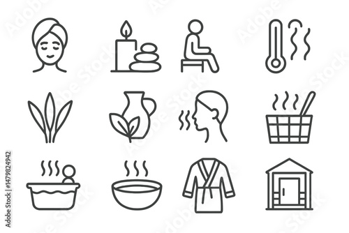 Collection of spa and wellness web icons featuring relaxation, treatments, and self-care elements for digital design