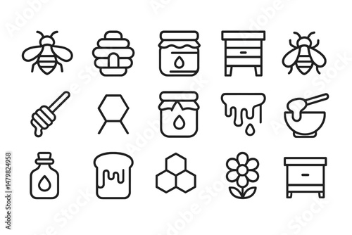 Collection of web icons featuring bees, honey, and hive elements for digital use in design projects