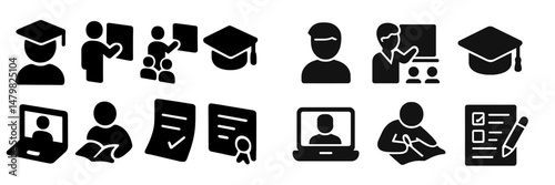 Set of web icons depicting education-related activities and information technology for online learning resources
