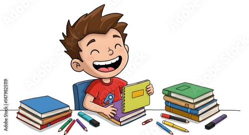 Happy Student Smiling Reading Books in the Classroom Today
