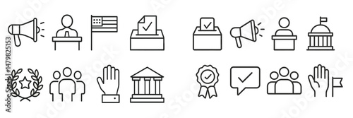 Set of web icons representing civic engagement, voting, and government participation in a modern digital style