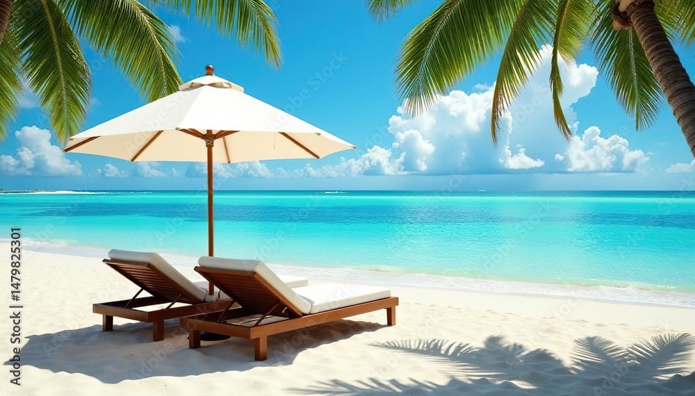 Obraz premium Relaxing beach scene with comfortable beds under a beach umbrella providing shade , tourism, lounge