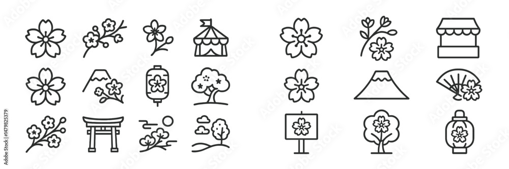 Set of web icons featuring cherry blossoms, landscapes, and cultural elements for digital design purposes Set of web icons featuring cherry blossoms, landscapes, and cultural elements for digital design purposes