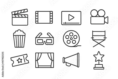 Set of web icons related to film, video, and entertainment featuring essential elements for digital projects