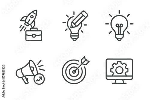 Set of minimal web icons representing creativity, communication, and technology for modern digital applications