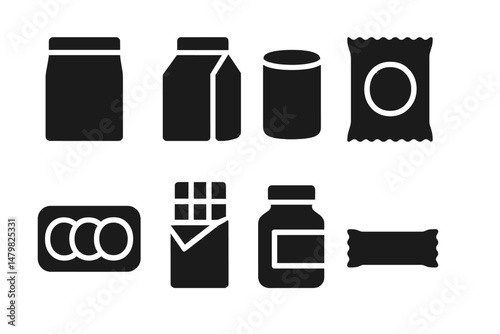 Set of web icons representing various food and beverage packaging for digital design use