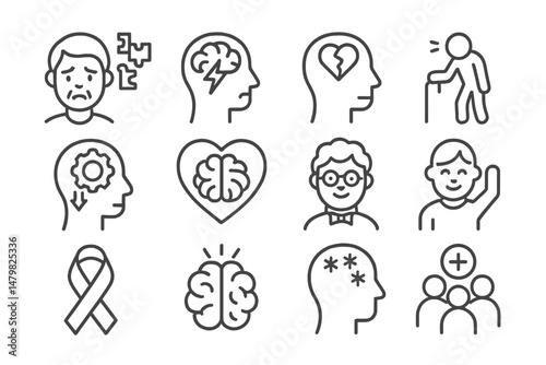 Collection of web icons representing mental health themes and emotional well-being