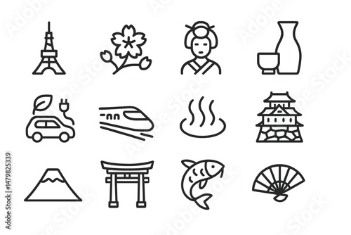 Collection of web icons representing Japanese culture and landmarks featuring traditional symbols and modern elements