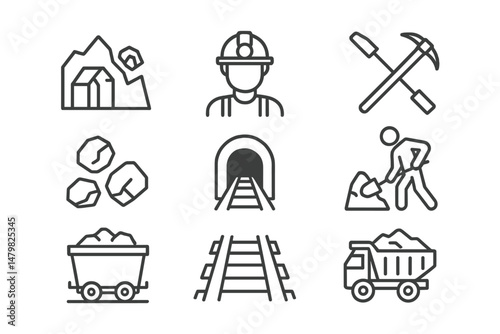 Collection of web icons representing mining and construction activities for various digital applications