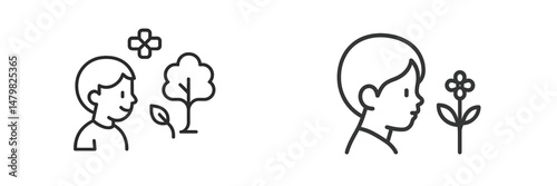 Set of web icons depicting a boy interacting with nature and appreciating a flower in a minimalist design