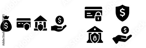 Collection of black web icons depicting financial transactions, security, and banking concepts for digital applications
