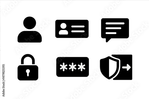 Set of web icons representing user profiles, secure login, and messaging for online platforms