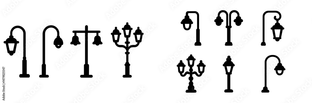 Obraz premium Collection of black silhouette web icons representing various street lamp designs in a minimal style