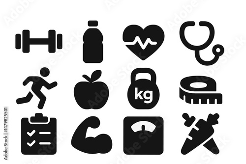 Collection of fitness and health web icons featuring various exercise and dietary symbols in black silhouette style
