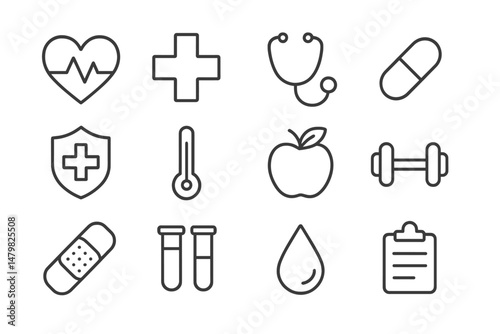 Set of web icons representing healthcare and wellness concepts for digital design projects