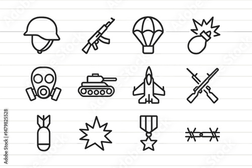 Set of military-themed web icons featuring various symbols related to warfare and defense