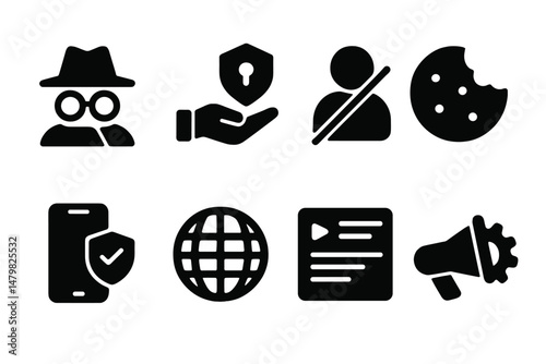 Collection of web icons representing security, privacy, and user interactions in digital environments