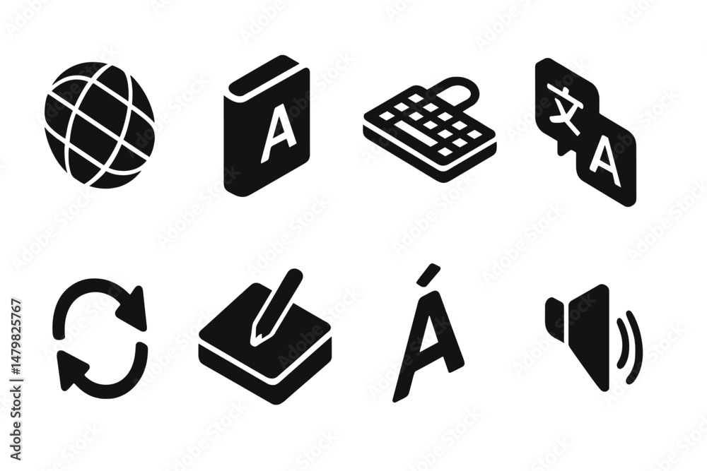 Obraz premium Collection of black web icons representing global communication tools and language features